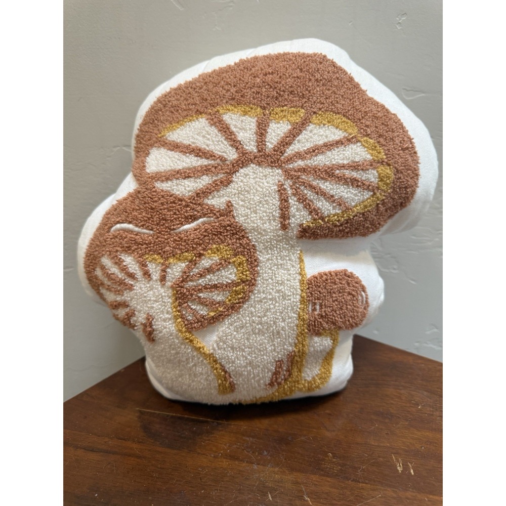 Mushroom Tufted Plush Pillow White Orange Cushion 11x8" Decorative Throw Retro
